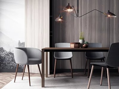 Modern Dining Table Set With Wooden Top Gray Chairs And Hanging Chandelier 3d model