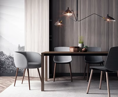 Modern Dining Table Set With Wooden Top Gray Chairs And Hanging Chandelier 3d model