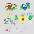 Colorful Flowering Plants With Sunflowers Pink Tulips Blue Orchids Daisies And Green Leaves