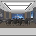 Modern Bright Corporate Conference Room With Long Meeting Table Ergonomic Chairs And Large Presentation Screen