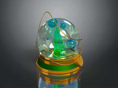 Transparent Sphere Decoration With Green Structure Golden Wires Blue Spheres And Green Gold Base 3d model