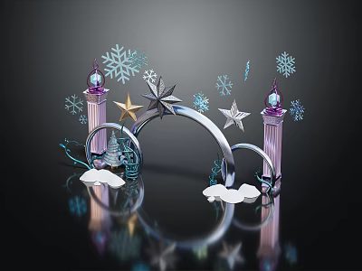 Festive Winter Decorative Arch With Snowflakes Stars And Purple Blue Pillars 3d model