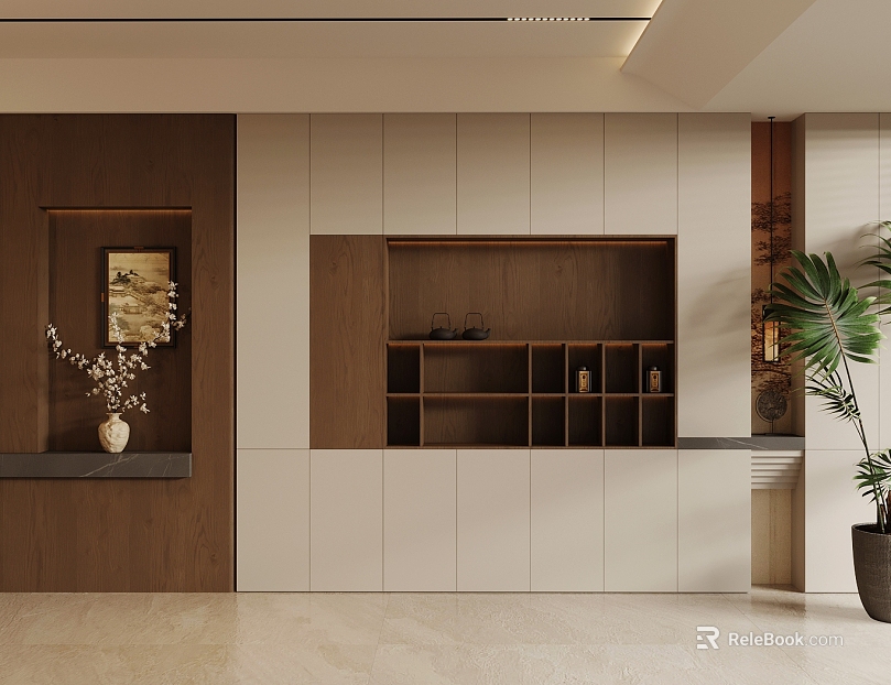 New Chinese Style Tea Cabinet Tea Set Display Cabinet Tea Room Decorative Cabinet New Chinese Style Tea Cabinet New Chinese Style Decorative Cabinet Side Cabinet New Chinese Style Floriculture Potted Plant texture