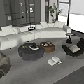 Elegant Modern Living Room With L shaped Sofa Brown Armchair And Floor to Ceiling Windows