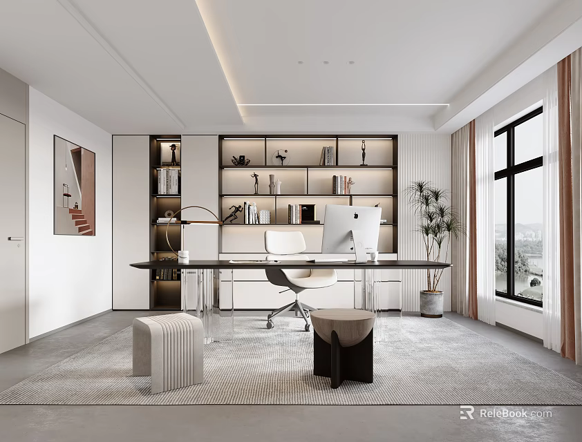Modern Study Room Interior With Desk Computer Bookshelf Window And Plant 3d model