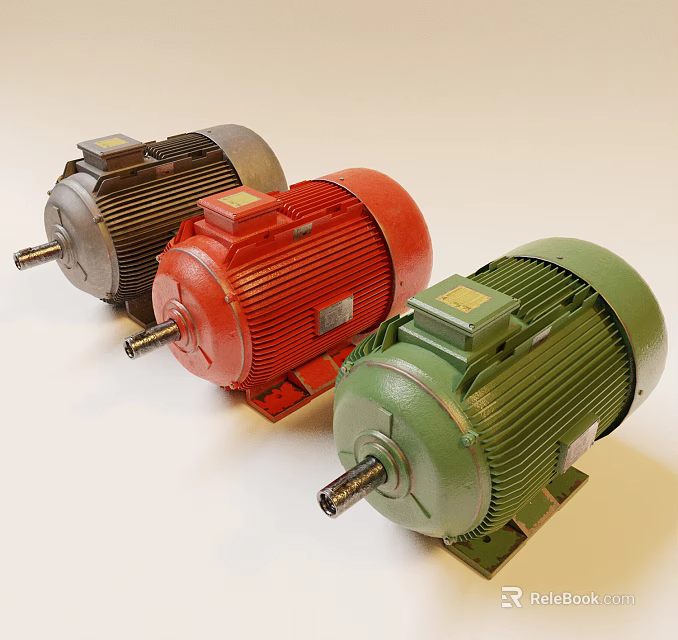 Three Gray Red And Green Industrial Electric Motors For Machinery Applications 3d model 