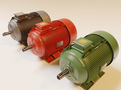 Three Gray Red And Green Industrial Electric Motors For Machinery Applications 3d model