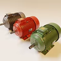 Three Gray Red And Green Industrial Electric Motors For Machinery Applications