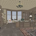 Vintage Office Interior With Wooden Bookshelves Fireplace Chandelier Desk Chair And Area Rug