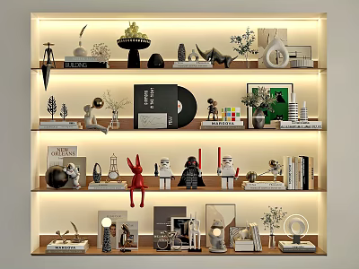 Decorative Ornament Set on Multi tiered Shelf with Lighting Including Figurines Plants Frames and Books 3d model