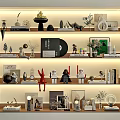 Decorative Ornament Set on Multi tiered Shelf with Lighting Including Figurines Plants Frames and Books