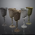 Set Of Colorful Decorative Household Goblets With Intricate Patterns And Metallic Bases
