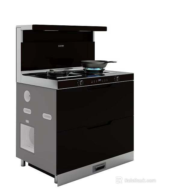 Modern Kitchen Integrated Stove Cabinets With Black Silver Design And Storage Drawers 3d model 