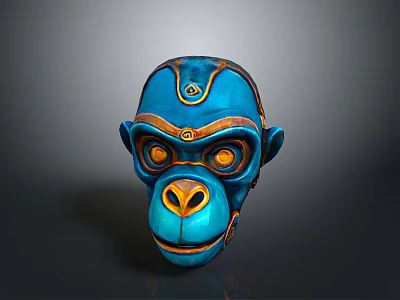 Ornate Blue Monkey Mask With Vibrant Orange Details And Shiny Gold Accents 3d model