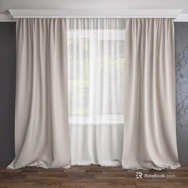 Beige Double Layer Curtains With Sheer White Panels Against Dark Walls Revealing Green Outdoor View 3d model 