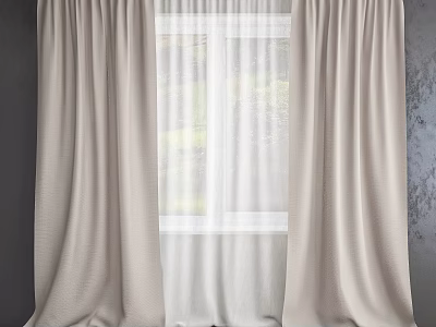 Beige Double Layer Curtains With Sheer White Panels Against Dark Walls Revealing Green Outdoor View 3d model