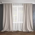 Beige Double Layer Curtains With Sheer White Panels Against Dark Walls Revealing Green Outdoor View