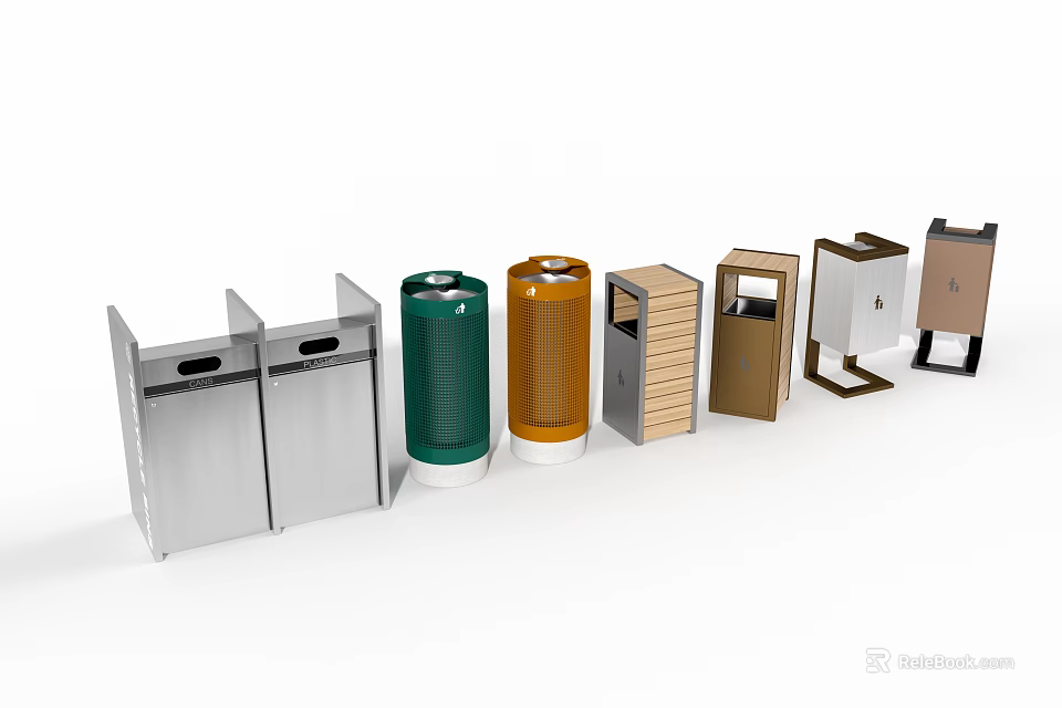 Various Colored Public Trash Bins With Silver Green Orange Metal And Wooden Designs 3d model 