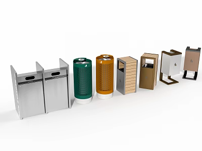 Various Colored Public Trash Bins With Silver Green Orange Metal And Wooden Designs 3d model