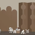 Brown Room Divider With Curved Panels Circular Motifs And Small Animal Toys