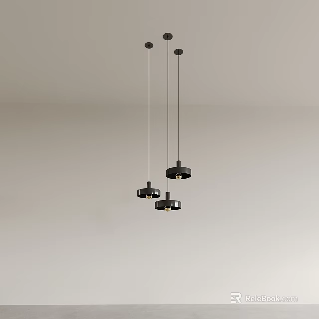 Three Black Modern Minimalist Pendant Lights Hanging From White Ceiling in Interior 3d model