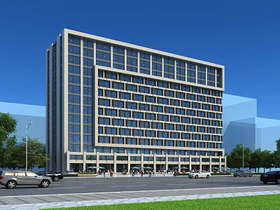 Modern Office Building Exterior With Glass Facade Street View Pedestrians Cars And Greenery 3d model