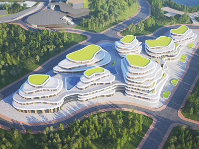Unique Modern Architectural Complex Design With Green Roofs And Surrounding Trees 3d model