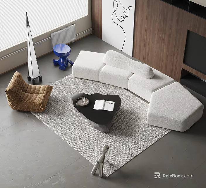 Modern White L Shaped Sofa With Black Coffee Table And Accent Chair On Rug 3d model 