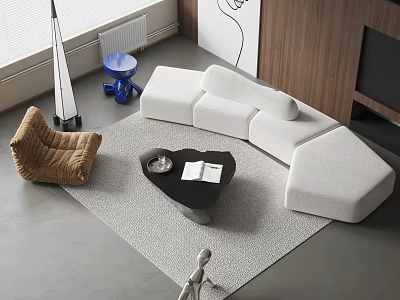 Modern White L Shaped Sofa With Black Coffee Table And Accent Chair On Rug 3d model