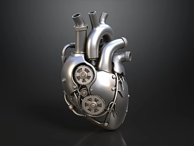 Silver Mechanical Heart With Gears And Pipes 3D Rendered On Black Background 3d model
