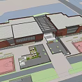 Red Brick Building Complex With Large Glass Windows Central Connecting Passageway And Brick Paved Plaza