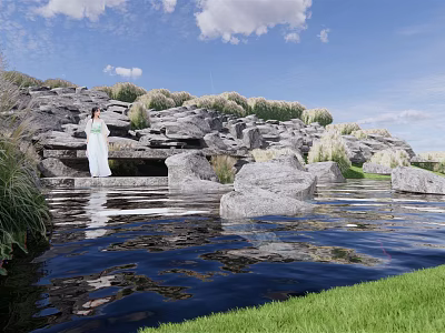 Modern River Stone Beach Water Stone Landscape Water Platform Wild Stream 3d model