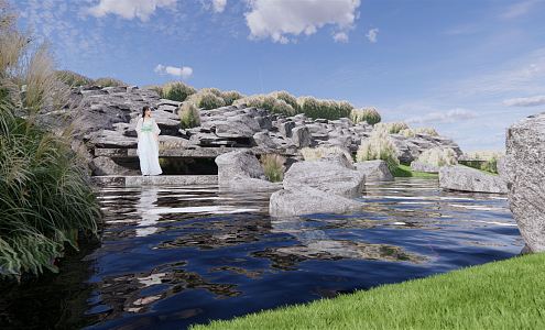 Modern River Stone Beach Water Stone Landscape Water Platform Wild Stream 3d model