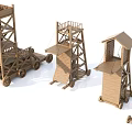 Ancient Wooden Siege Weapons With Mobile Towers And Catapult Structures 3d model