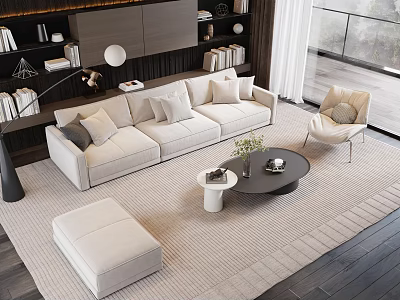 Modern Sectional Sofa and Round Black Coffee Table Set with Accent Chair and Area Rug 3d model