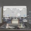 Playful Kids Room Interior With Moon Stars Airplane Wall Decor Stuffed Toys And Rug