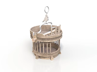 Wooden Birdcage Interior Design With Hanging Hook Swing And Feeder 3d model