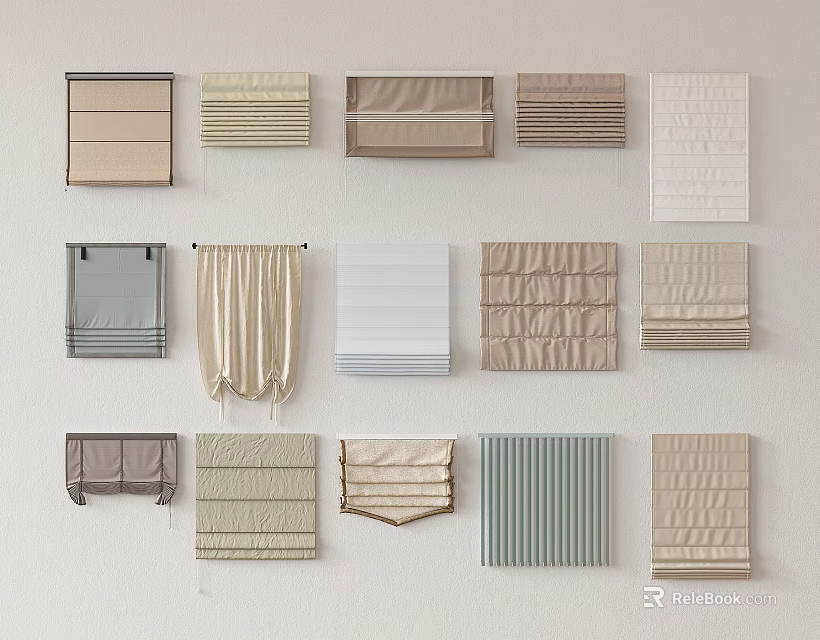 Various Roman Blinds Styles With Different Colors And Textured Fabrics For Windows 3d model 