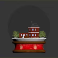 Decorative Snow Globe with Red House Green Trees Inside on Wooden Red Base