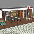 Bright White Café Exterior With Large Glass Windows Outdoor Seating And Vintage Car