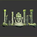 Cartoon Scene With Stone Statues Ancient Columns Central Head Sculpture And Green Grass