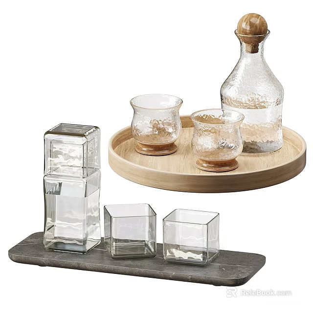 Transparent Glass Cups In Various Shapes Square And Round On Wooden Tray And Stone Slab 3d model 