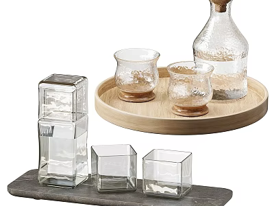 Transparent Glass Cups In Various Shapes Square And Round On Wooden Tray And Stone Slab 3d model