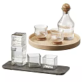 Transparent Glass Cups In Various Shapes Square And Round On Wooden Tray And Stone Slab