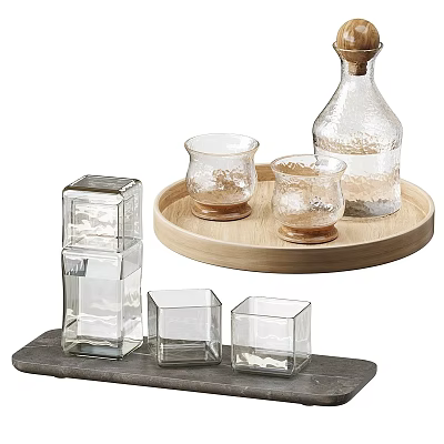 Transparent Glass Cups In Various Shapes Square And Round On Wooden Tray And Stone Slab 3d model