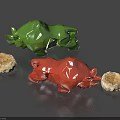 Colorful Decorative Ornament Set With Green And Red Bull Shaped Figurines And Stone Like Decorative Pieces
