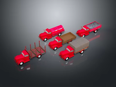 Red Model Trucks Featuring Tank Dump Flatbed And Covered Cargo Designs 3d model