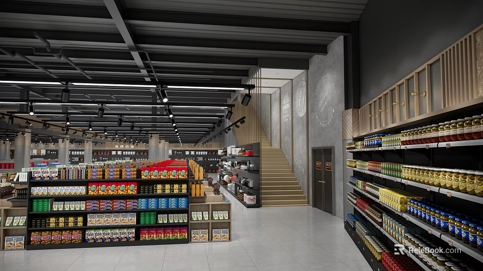 Spacious Supermarket Interior With Shelves Full Of Grocery Products Beverages And Snacks 3d model
