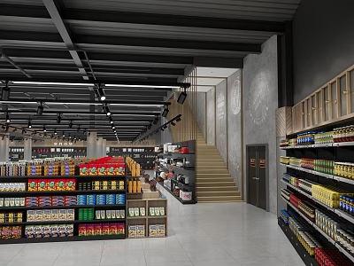 Spacious Supermarket Interior With Shelves Full Of Grocery Products Beverages And Snacks 3d model