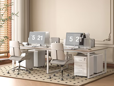 Two Modern Office Desks with Computer Monitors Ergonomic Chairs Near Window Blinds and Potted Plant 3d model